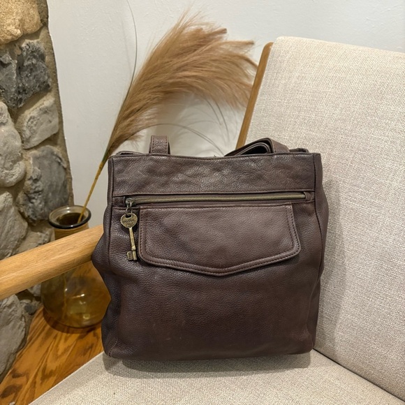 FOSSIL Vintage Brown Leather Shoulder Bag Purse Key Minimalist Neutral Boho - Picture 4 of 16